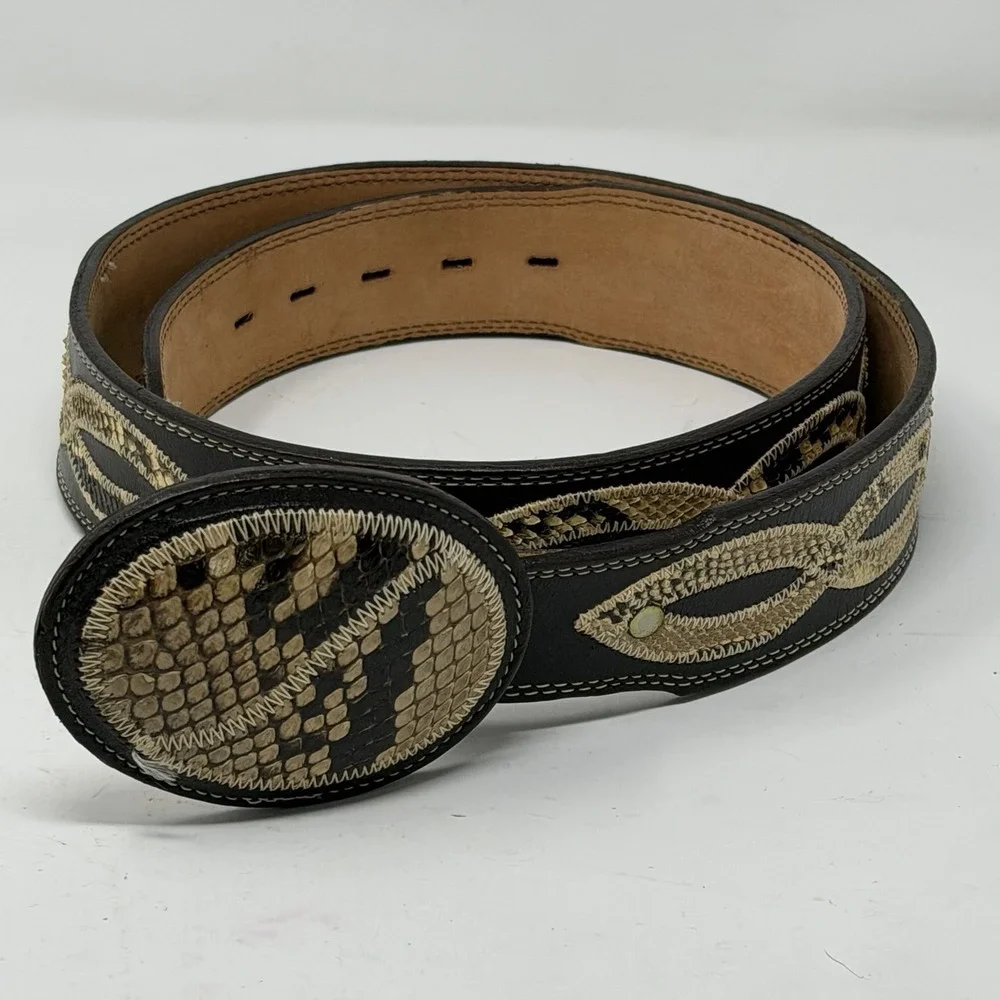 Men's Vintage Genuine Python Snakeskin Leather Belt Size 38 Inlay Covered Buckle